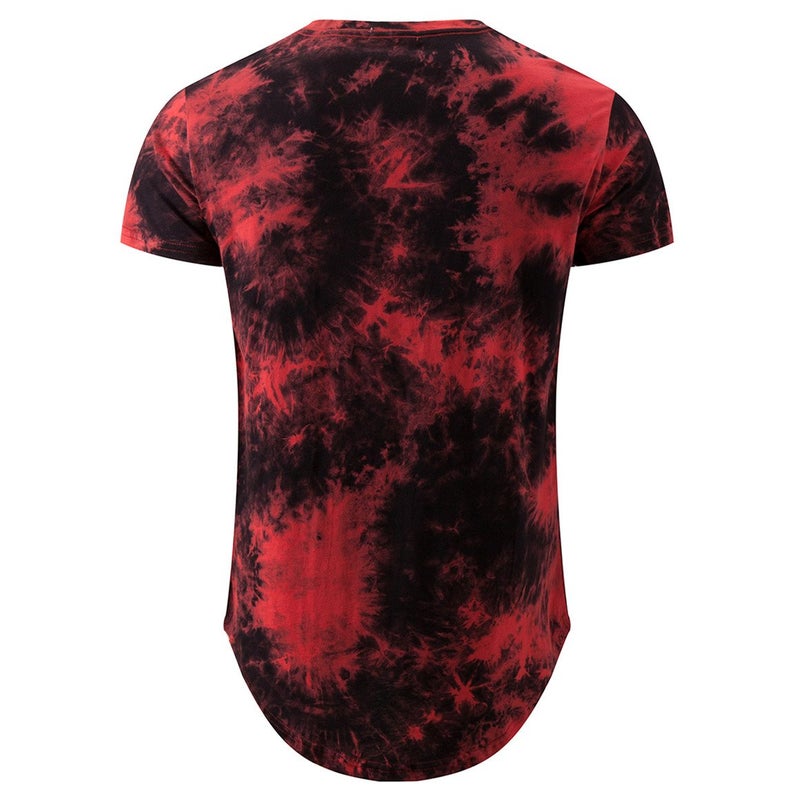 KLIEGOU Mens Hip Hop Tie-Dyed Hipster Curve Hem T Shirt(1803ZR Red XL) - Image 2